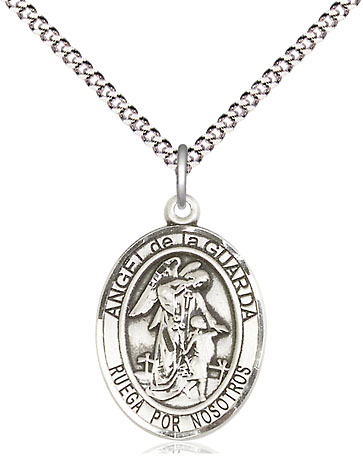 Sterling Silver Angel de la Guarda Pendant on a 18 inch Light Rhodium Light Curb chain