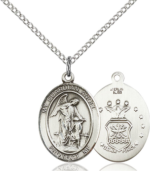Sterling Silver Guardian Angel Air Force Pendant on a 18 inch Light Rhodium Light Curb chain