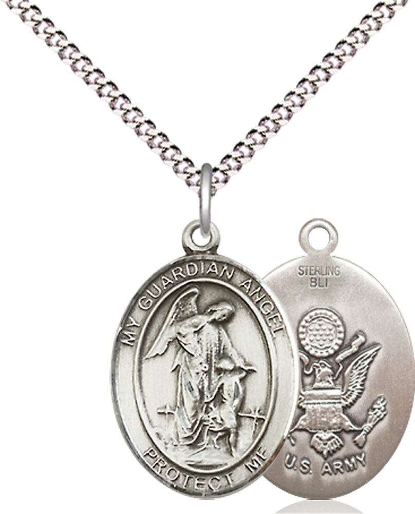 Sterling Silver Guardian Angel Army Pendant on a 18 inch Light Rhodium Light Curb chain