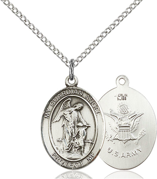 Sterling Silver Guardian Angel Army Pendant on a 18 inch Light Rhodium Light Curb chain