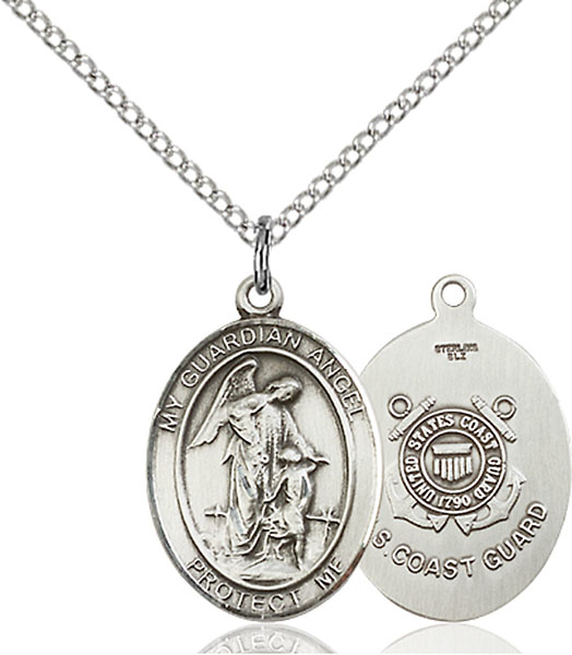 Sterling Silver Guardian Angel Coast Guard Pendant on a 18 inch Light Rhodium Light Curb chain