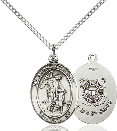 Sterling Silver Guardian Angel Coast Guard Pendant on a 18 inch Sterling Silver Light Curb chain