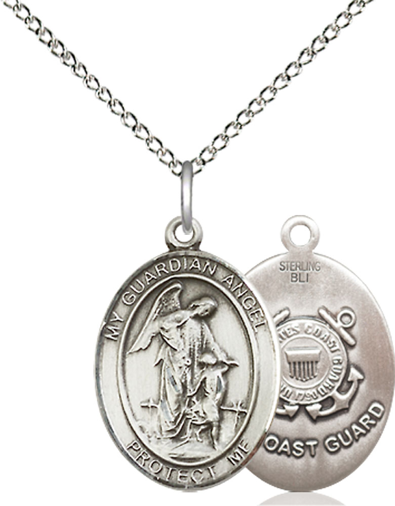 Sterling Silver Guardian Angel Coast Guard Pendant on a 18 inch Sterling Silver Light Curb chain