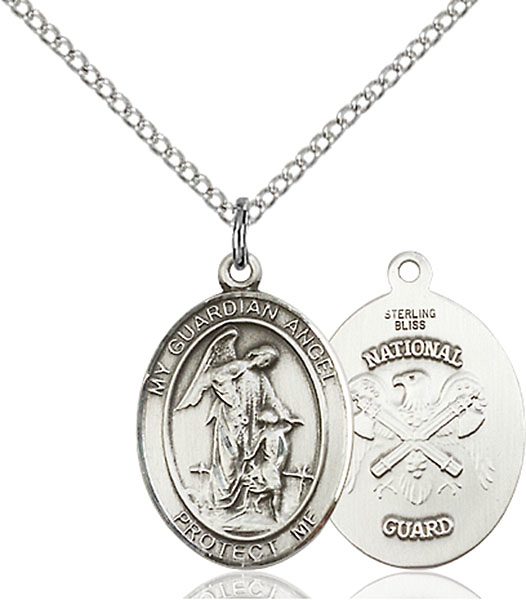 Sterling Silver Guardian Angel National Guard Pendant on a 18 inch Light Rhodium Light Curb chain