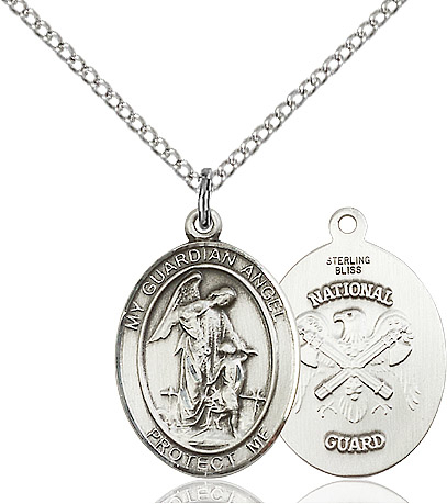Sterling Silver Guardian Angel National Guard Pendant on a 18 inch Sterling Silver Light Curb chain