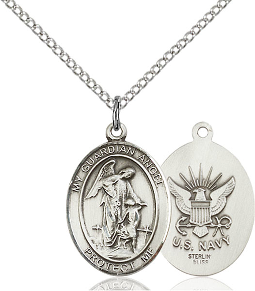 Sterling Silver Guardian Angel Navy Pendant on a 18 inch Light Rhodium Light Curb chain