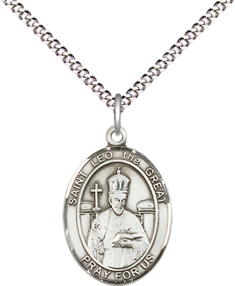 Sterling Silver Saint Leo the Great Pendant on a 18 inch Light Rhodium Light Curb chain