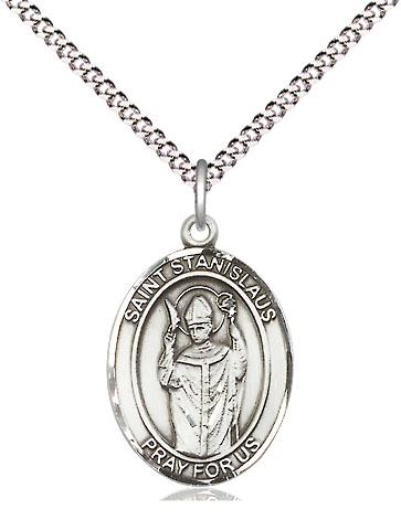 Sterling Silver Saint Stanislaus Pendant on a 18 inch Light Rhodium Light Curb chain