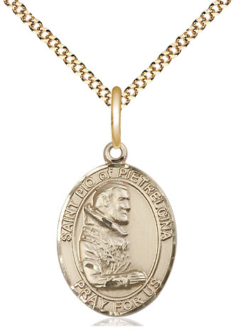 14kt Gold Filled Saint Pio of Pietrelcina Pendant on a 18 inch Gold Plate Light Curb chain