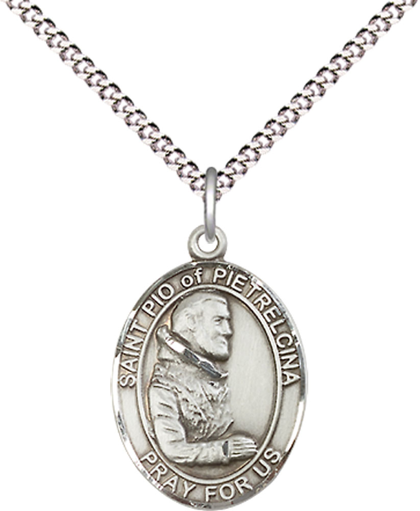 Sterling Silver Saint Pio of Pietrelcina Pendant on a 18 inch Light Rhodium Light Curb chain