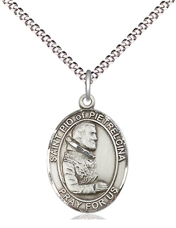 Sterling Silver Saint Pio of Pietrelcina Pendant on a 18 inch Light Rhodium Light Curb chain