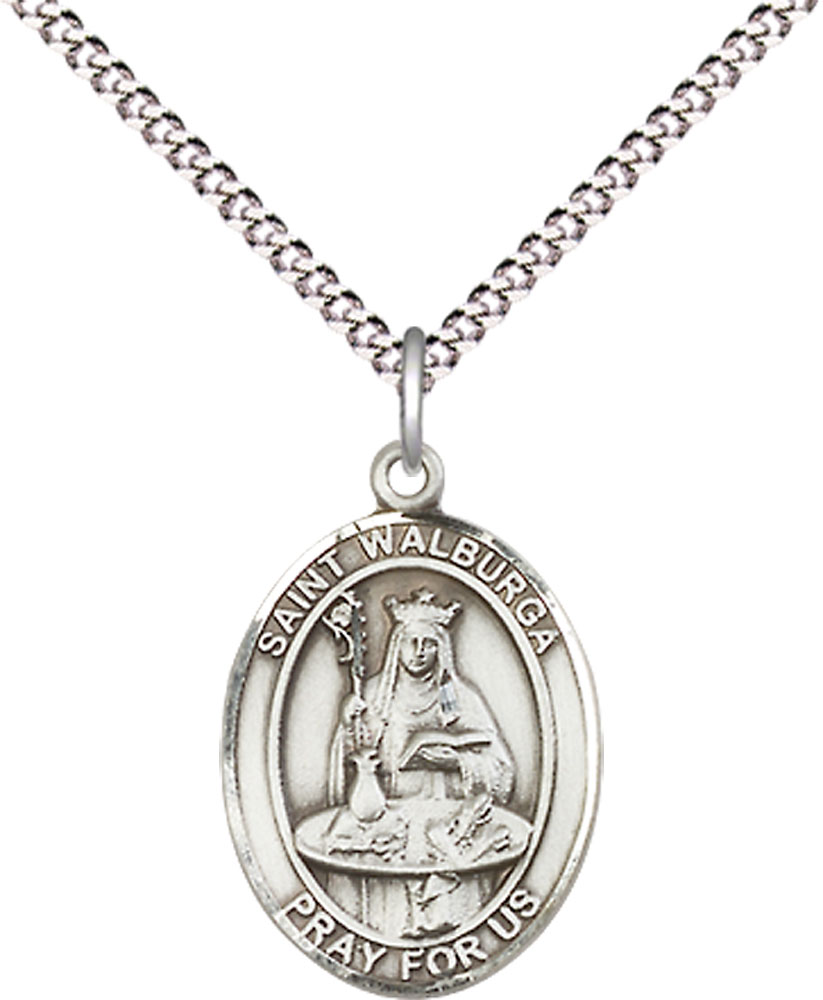 Sterling Silver Saint Walburga Pendant on a 18 inch Light Rhodium Light Curb chain