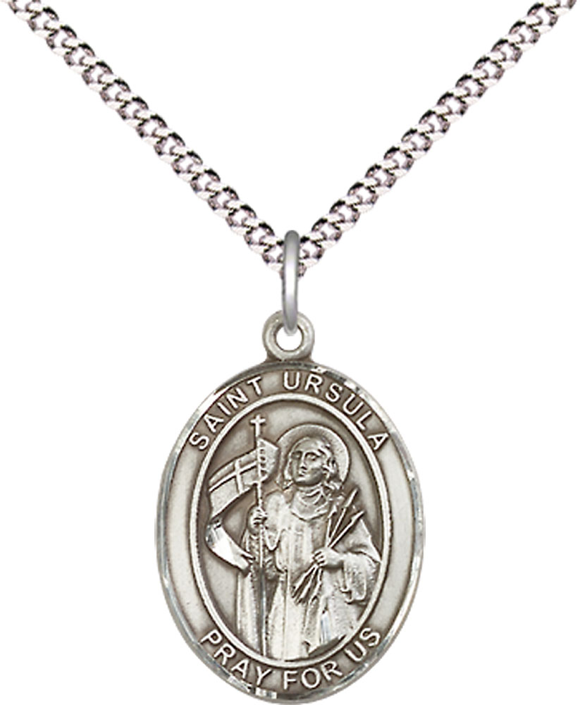Sterling Silver Saint Ursula Pendant on a 18 inch Light Rhodium Light Curb chain