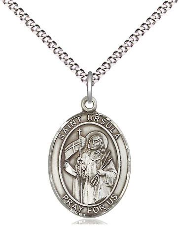 Sterling Silver Saint Ursula Pendant on a 18 inch Light Rhodium Light Curb chain