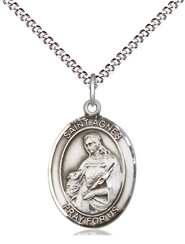 Sterling Silver Saint Agnes of Rome Pendant on a 18 inch Light Rhodium Light Curb chain