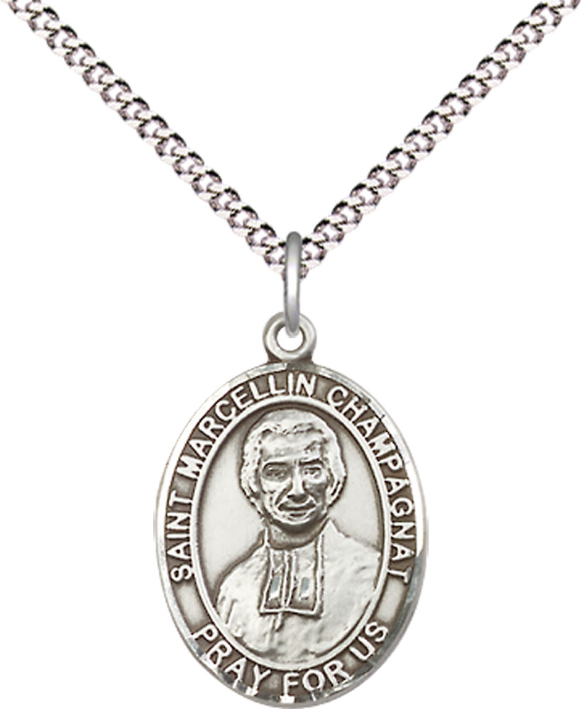 Sterling Silver Saint Marcellin Champagnat Pendant on a 18 inch Light Rhodium Light Curb chain