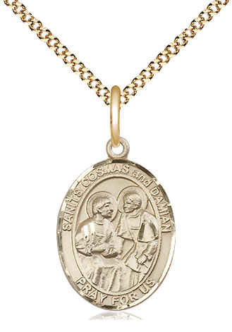 14kt Gold Filled Saints Cosmas &amp; Damian Pendant on a 18 inch Gold Plate Light Curb chain