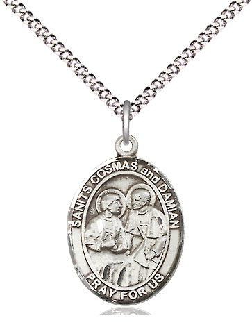 Sterling Silver Saints Cosmas &amp; Damian Pendant on a 18 inch Light Rhodium Light Curb chain