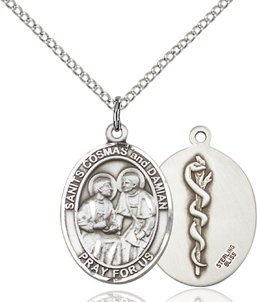 Sterling Silver Saints Cosmas &amp; Damian Doctors Pendant on a 18 inch Light Rhodium Light Curb chain