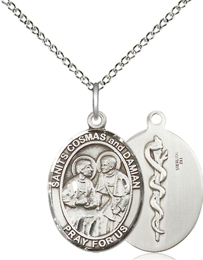 Sterling Silver Saints Cosmas &amp; Damian Doctors Pendant on a 18 inch Sterling Silver Light Curb chain