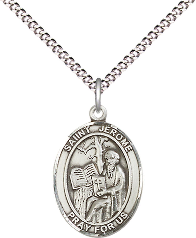 Sterling Silver Saint Jerome Pendant on a 18 inch Light Rhodium Light Curb chain