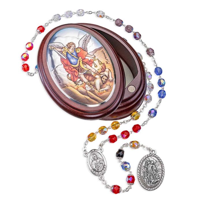 St. Michael Multi Colored Crystal Chaplet in St. Michael Wooden Box
