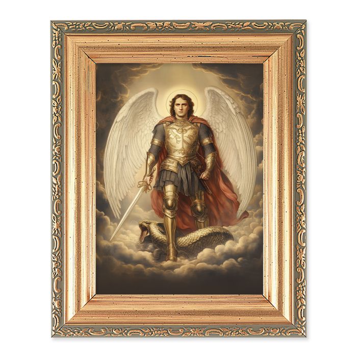 4.5" x 5.5"  St. Michael in Armor Antique Gold Frame