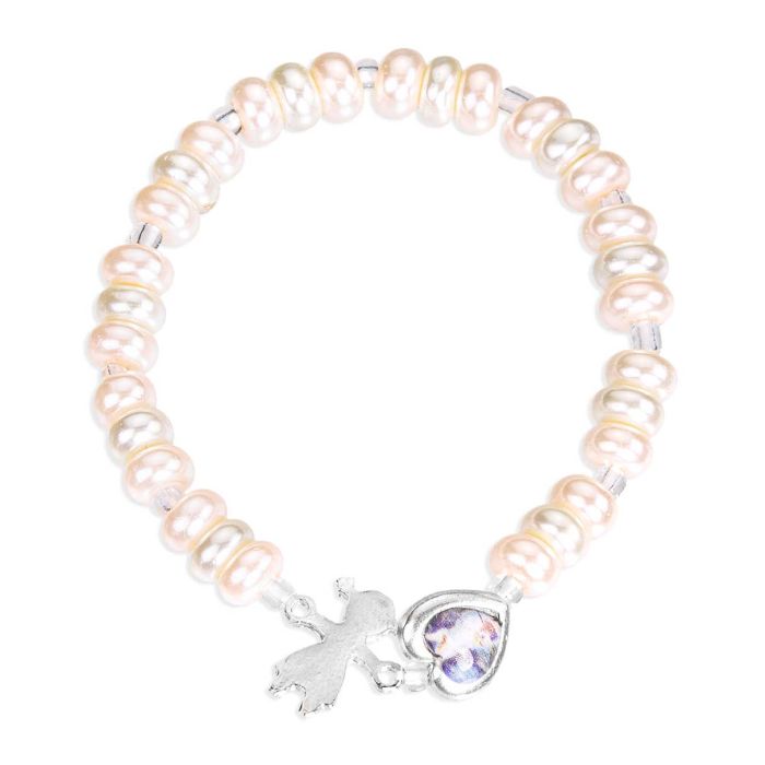 Children's Pink Pearlized Bracelet with Guardian Angel Heart and Metal Girl Charm Boxed