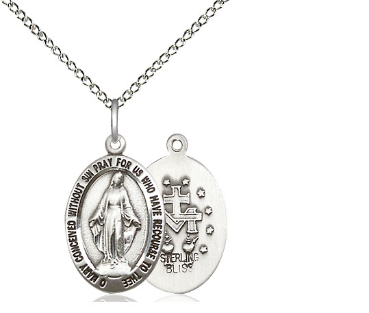 Sterling Silver Miraculous Pendant on a 18 inch Sterling Silver Light Curb chain