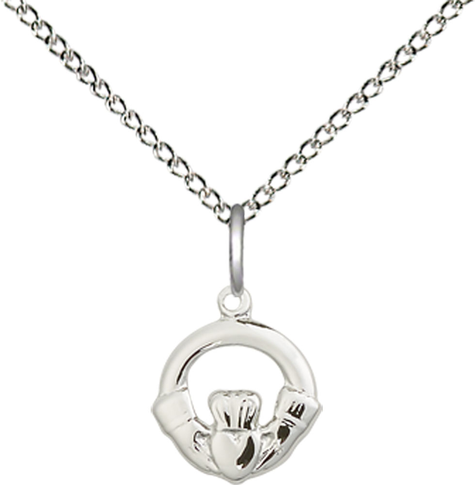 Sterling Silver Claddagh Pendant on a 18 inch Sterling Silver Light Curb chain