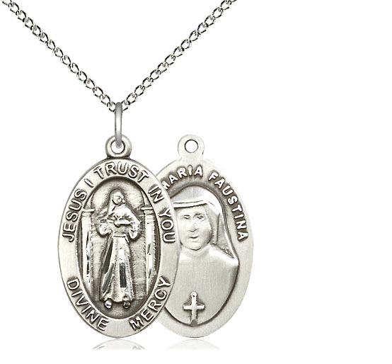 Sterling Silver Divine Mercy Pendant on a 18 inch Sterling Silver Light Curb chain