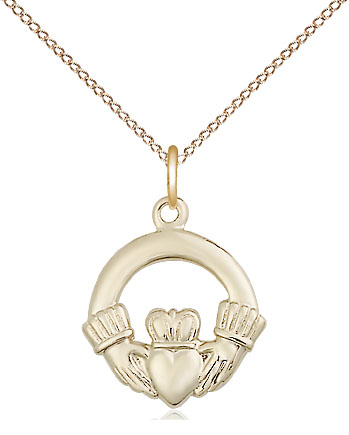 14kt Gold Filled Claddagh Pendant on a 18 inch Gold Filled Light Curb chain