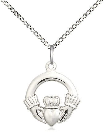 Sterling Silver Claddagh Pendant on a 18 inch Sterling Silver Light Curb chain