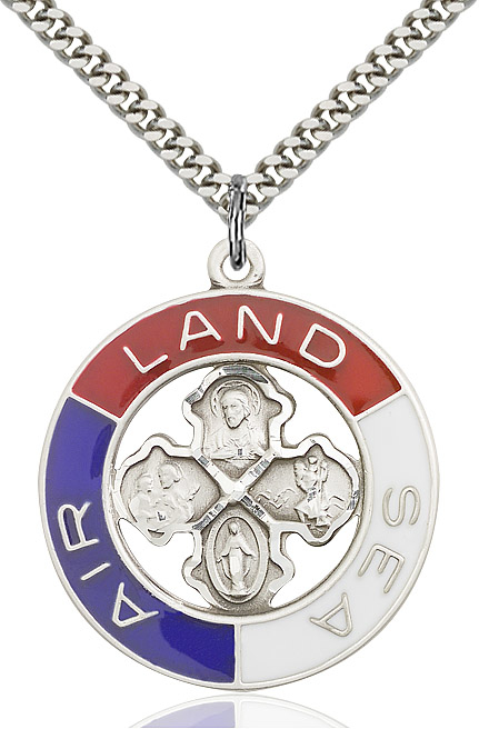 Sterling Silver Land, Sea, Air Pendant on a 24 inch Light Rhodium Heavy Curb chain