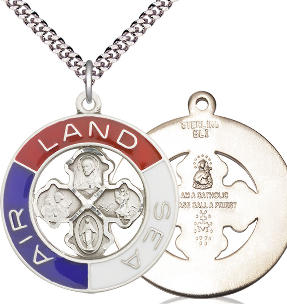 Sterling Silver Land, Sea, Air Pendant on a 24 inch Light Rhodium Heavy Curb chain