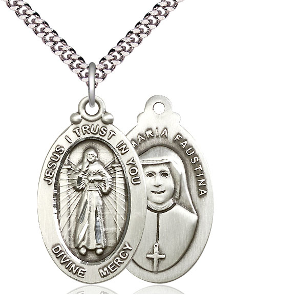 Sterling Silver Divine Mercy Pendant on a 24 inch Light Rhodium Heavy Curb chain