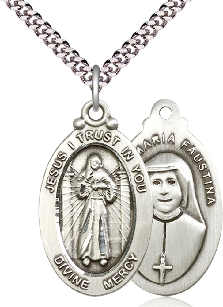 Sterling Silver Divine Mercy Pendant on a 24 inch Light Rhodium Heavy Curb chain