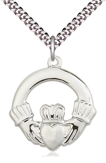 Sterling Silver Claggagh Pendant on a 24 inch Light Rhodium Heavy Curb chain