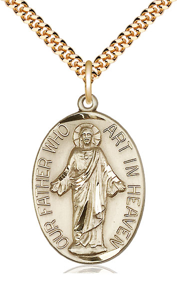 14kt Gold Filled Our Father Pendant on a 24 inch Gold Plate Heavy Curb chain