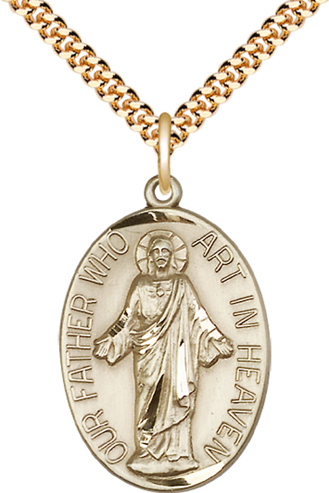 14kt Gold Filled Our Father Pendant on a 24 inch Gold Plate Heavy Curb chain