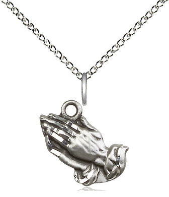 Sterling Silver Praying Hands Pendant on a 18 inch Sterling Silver Light Curb chain