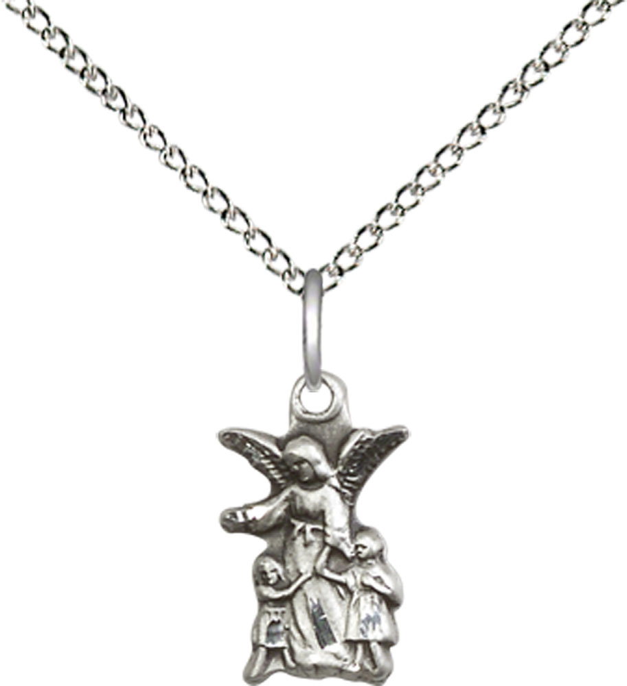 Sterling Silver Guardian Angel Pendant on a 18 inch Sterling Silver Light Curb chain