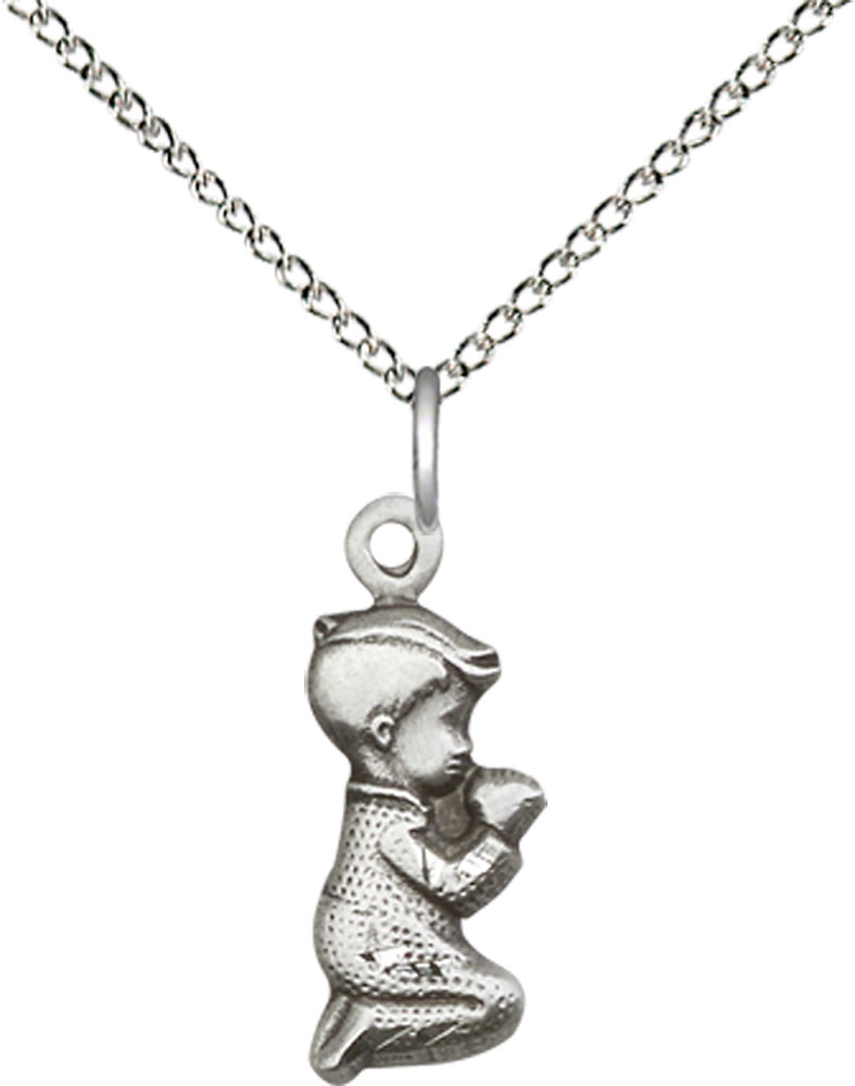 Sterling Silver Praying Boy Pendant on a 18 inch Sterling Silver Light Curb chain