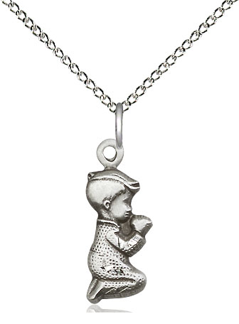 Sterling Silver Praying Boy Pendant on a 18 inch Sterling Silver Light Curb chain