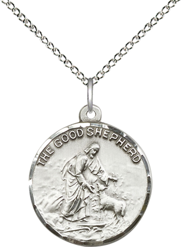 Sterling Silver Good Shepherd Pendant on a 18 inch Sterling Silver Light Curb chain