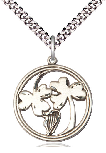 Sterling Silver Irish Shamrock Harp Pendant on a 24 inch Light Rhodium Heavy Curb chain