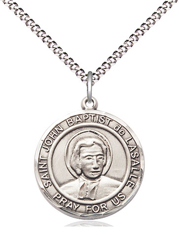 Sterling Silver Saint John Baptist de la Salle Pendant on a 18 inch Light Rhodium Light Curb chain