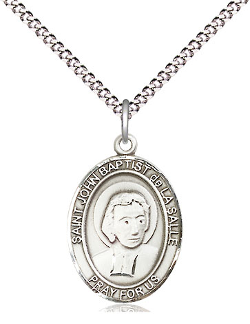 Sterling Silver Saint John Baptist de la Salle Pendant on a 18 inch Light Rhodium Light Curb chain