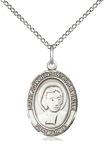 Sterling Silver Saint John Baptist de la Salle Pendant on a 18 inch Sterling Silver Light Curb chain