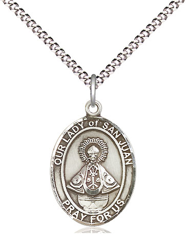 Sterling Silver Our Lady of San Juan Pendant on a 18 inch Light Rhodium Light Curb chain